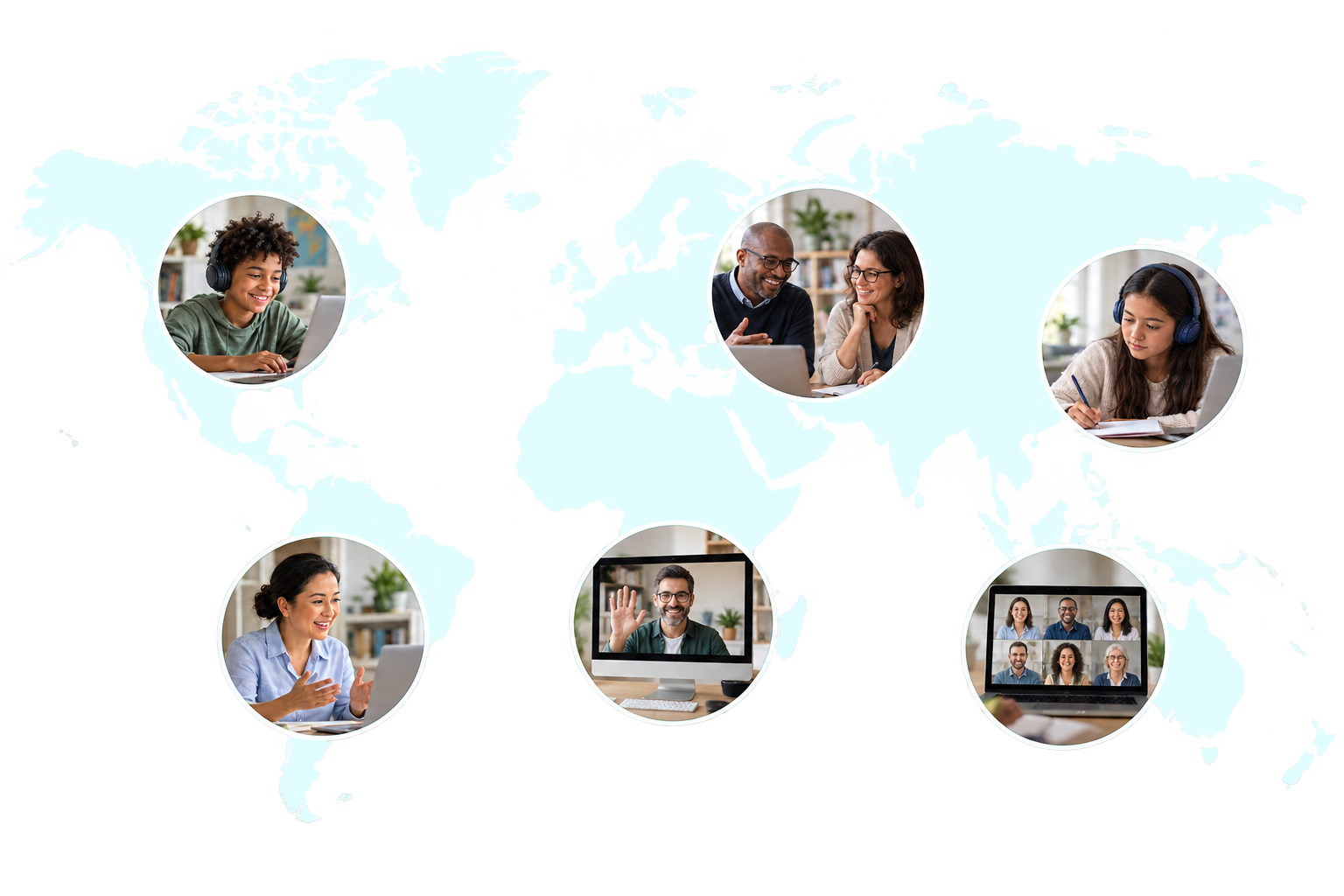 World map with six illustrative photo scenes of learners, educators, a teacher on screen and an online group meeting